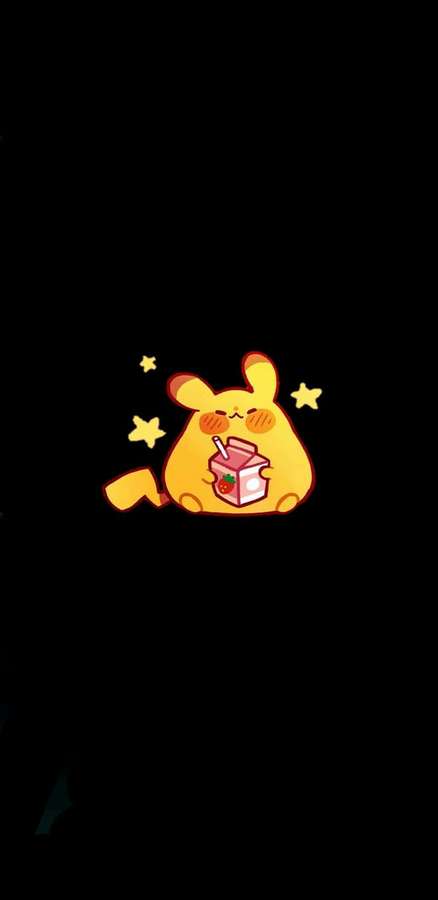 Um personagem amarelo de desenho animado bebendo uma bebida de morango com estrelas brilhando ao redor. — Fofo Japonês Papéis de Parede