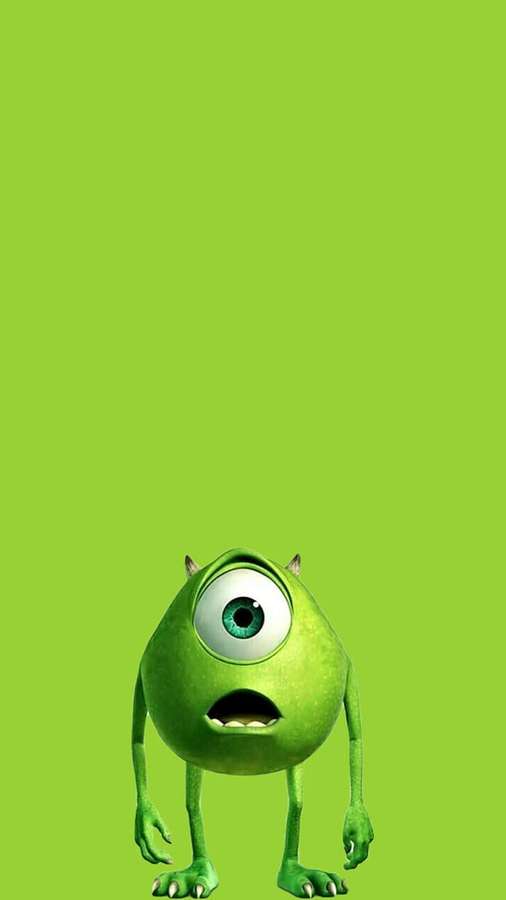 Um monstro verde de um olho só de desenho animado com expressão surpresa em um fundo verde sólido. — Fofo Verde iPhone Papéis de Parede