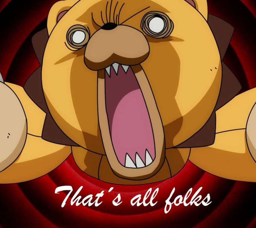 Cartoon bear roaring with 'That's all folks' text on red swirl background. — Folks Wallpaper