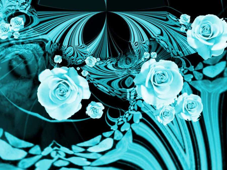 Rosas cian y remolinos fractales en una composición de arte digital. — Fondods Aqua Fondos