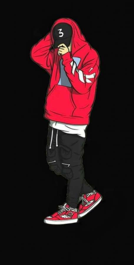 Una persona de dibujos animados con sudadera roja y zapatillas cubriéndose la cara con las manos. — Fondods de rap Fondos