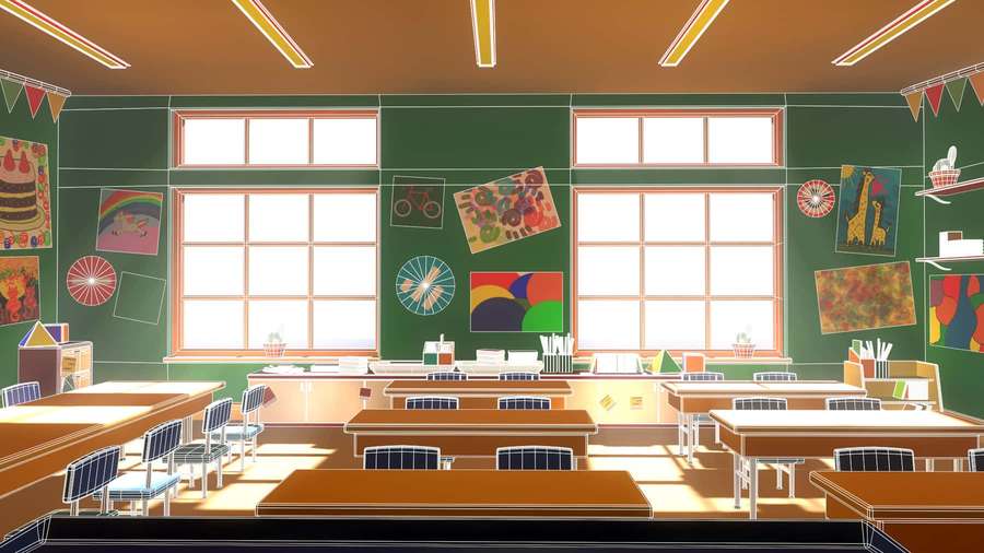 Aula vacía iluminada por el sol con coloridas obras de arte de estudiantes en paredes verdes y escritorios de madera. — Fondos de Aula Fondos de pantalla
