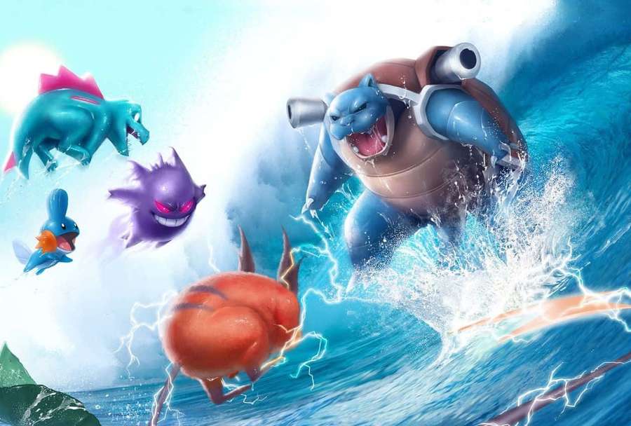 Cinco Pokémon en una electrizante batalla oceánica con olas rompientes. — Fondos de Batalla de Pokemon Fondos
