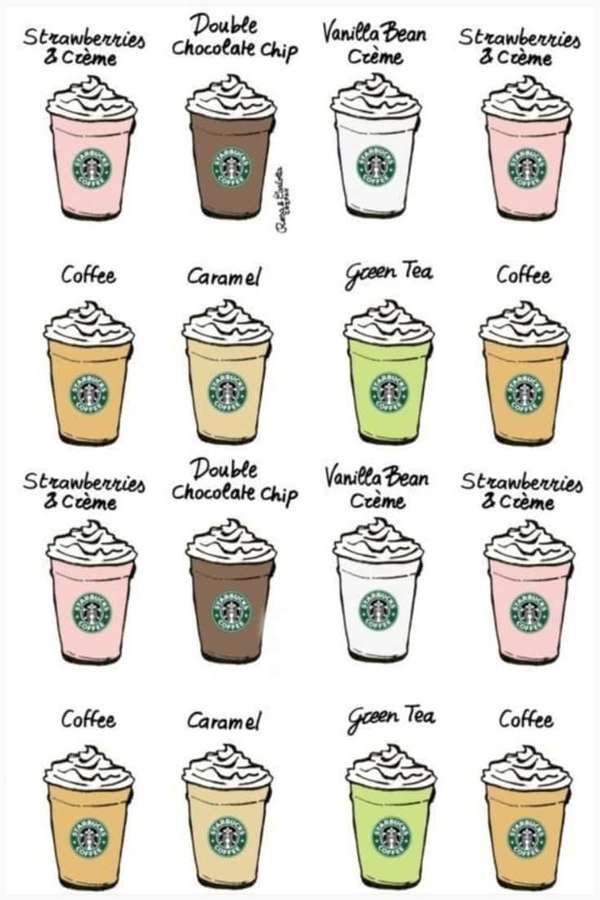 Cuadrícula de bebidas Starbucks ilustradas con crema batida y nombres de sabores. — Fondos de Café Fondos de pantalla