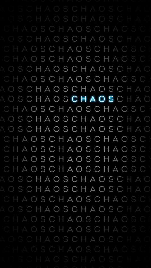 Un fondo negro con texto gris repetido caos y un caos neón azul brillante centrado. — Fondos de Caos Fondos