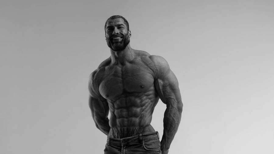 Un hombre musculoso sonriente con barba posando en un estudio — Fondos de modelo Fondos de pantalla