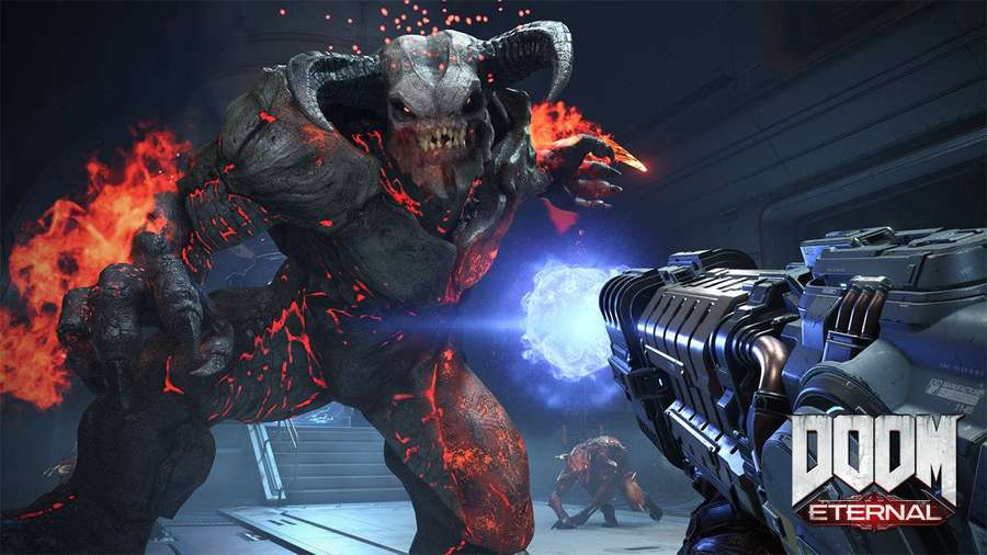 Jugador dispara arma contra monstruo de lava demoníaco en escena del juego Doom Eternal. — Fondos Eternos Fondos de pantalla