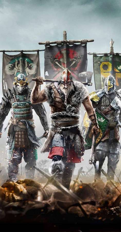 Three armored warriors stand on a battlefield with broken weapons and fallen enemies under a stormy sky. — For Honor Phone Wallpaper