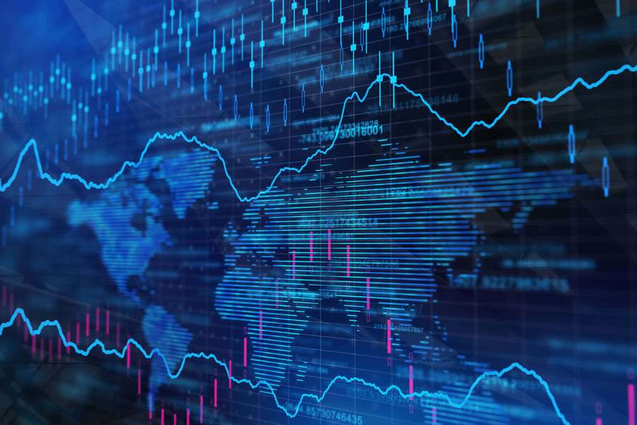 Blue digital financial charts and graphs overlaid on a world map. — Forex Background