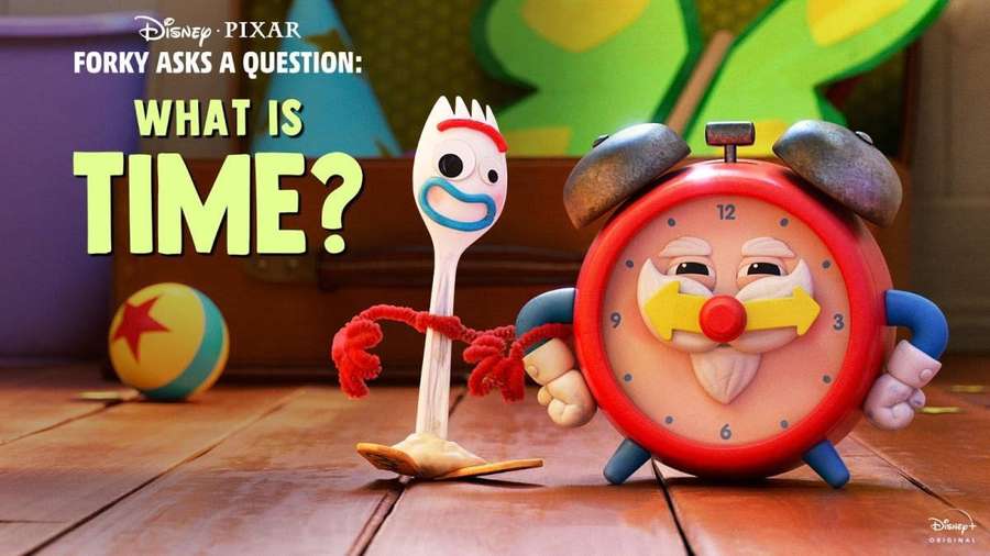 Fork character asks clock about time in Pixar animation — Forky Wallpaper
