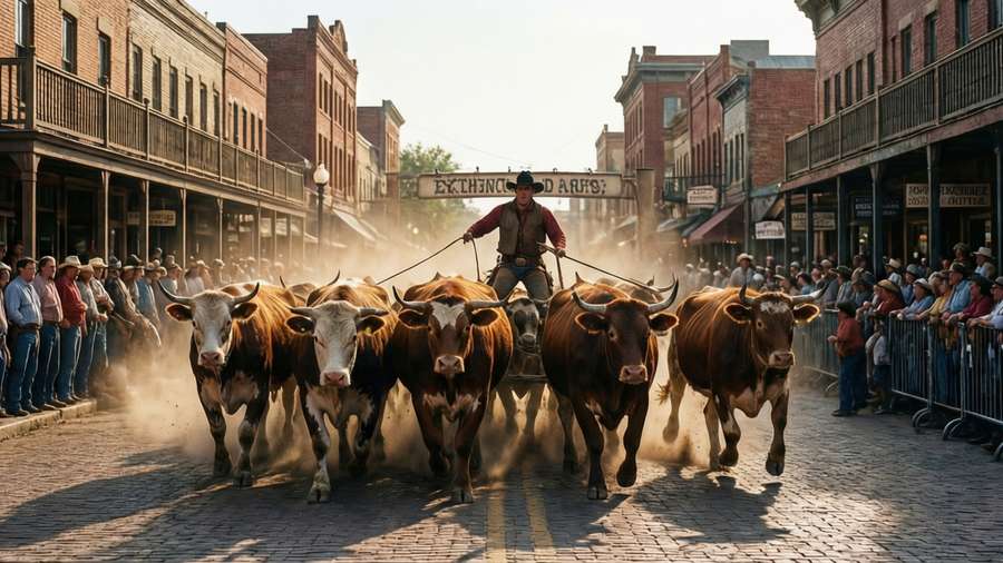 Daily cattle drive at Fort Worth Stockyards with cowboys and longhorns — Fort worth Background