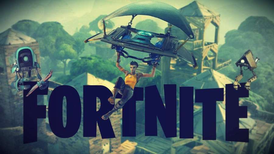Fortnite-Figur fliegt mit Roboter-Verbündeten über eine tropische Insel. — Fortnite Wallpaper