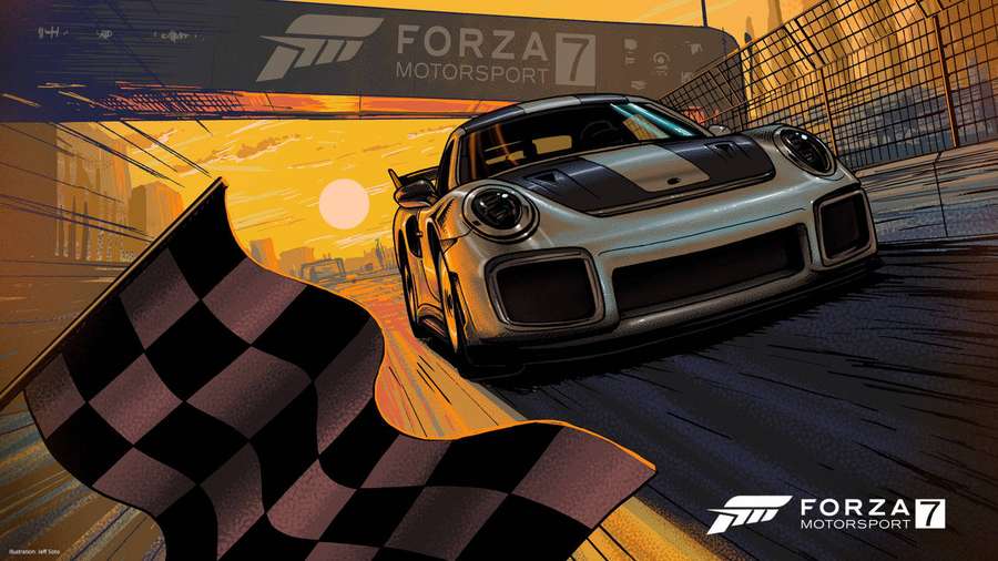 Silver race car crossing finish line with checkered flag at sunset. — Forza 7 Wallpaper