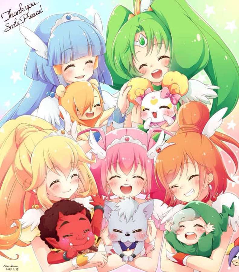 Sette ragazze anime sorridenti con ali e amici animali in un gioioso abbraccio di gruppo sotto scintille. — Forza scintillante Sfondi