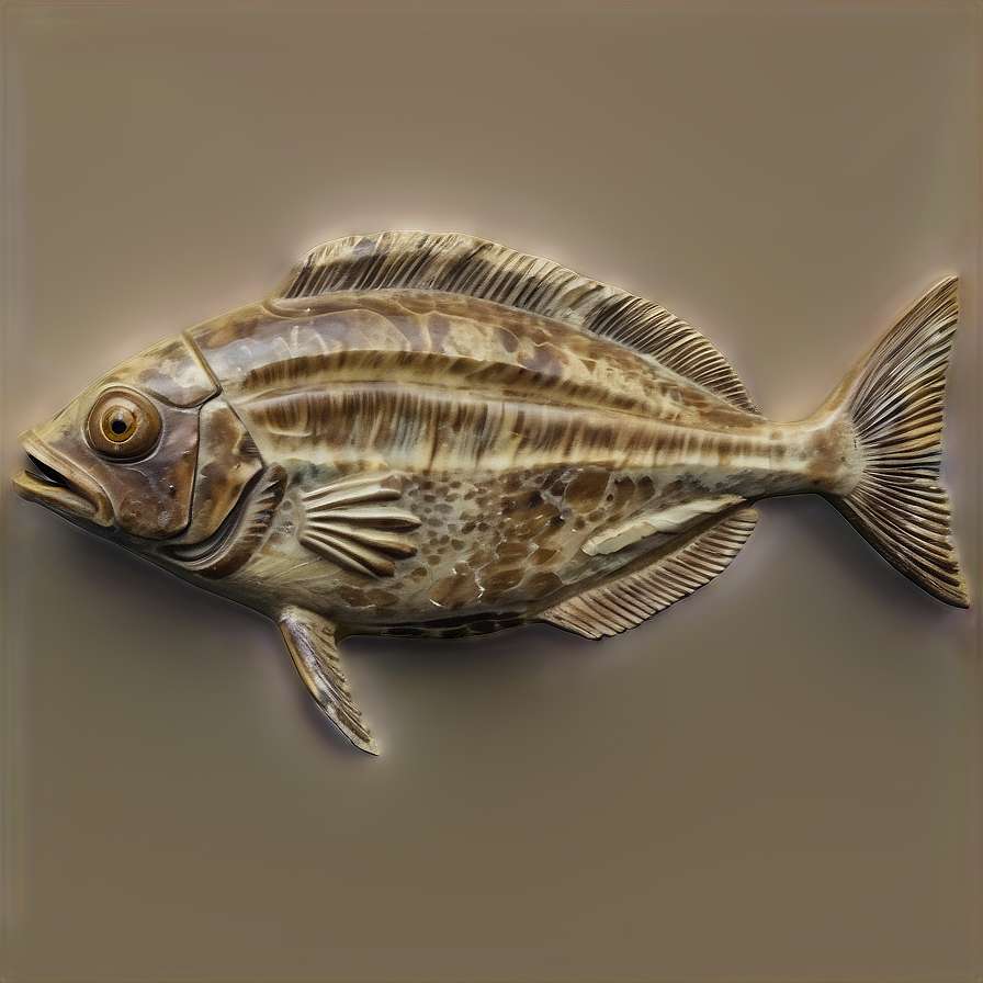 A bronze-colored fish sculpture with intricate scales and fins mounted on a wall. — Fossil PNG