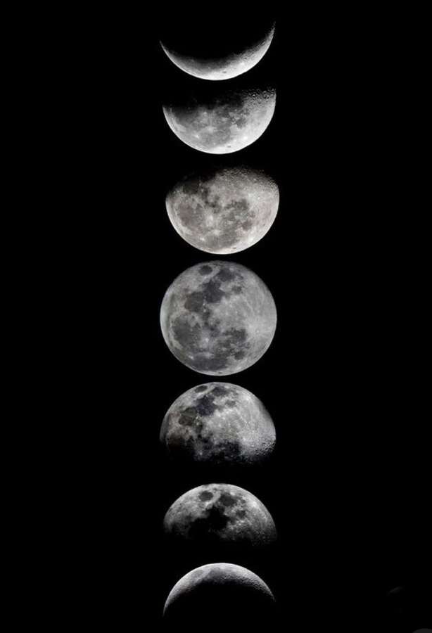 Disposición vertical de las fases lunares desde creciente hasta luna llena sobre fondo negro. — Fotografía Fondos de pantalla