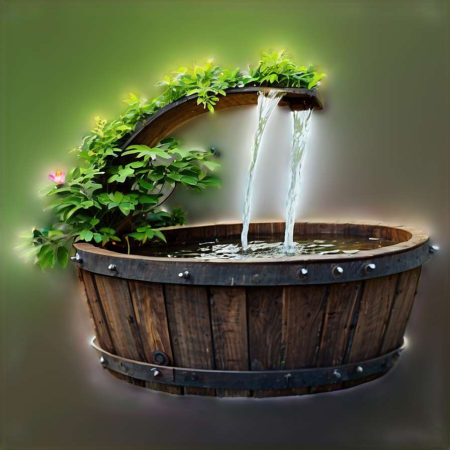 A wooden barrel fountain with flowing water and climbing green plants glowing softly. — Fountain PNG