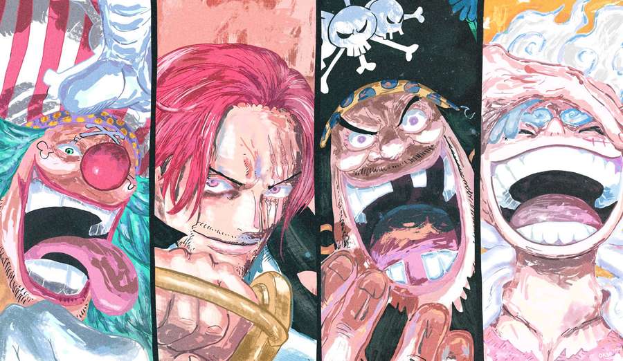 Four anime characters with wild expressions and colorful designs. — Four Emperors Wallpaper
