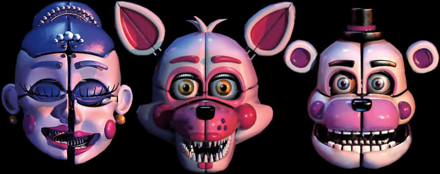 Tre läskiga animatroniska ansikten med glödande ögon och vassa tänder mot svart bakgrund. — Rävaktig Bakgrundsbilder