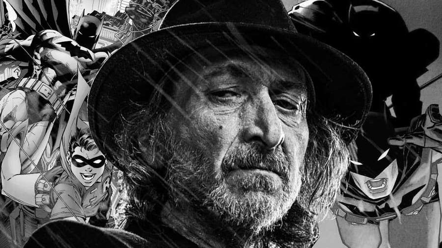 A man in a fedora surrounded by Batman comic characters in black and white. — Frank Miller Wallpaper
