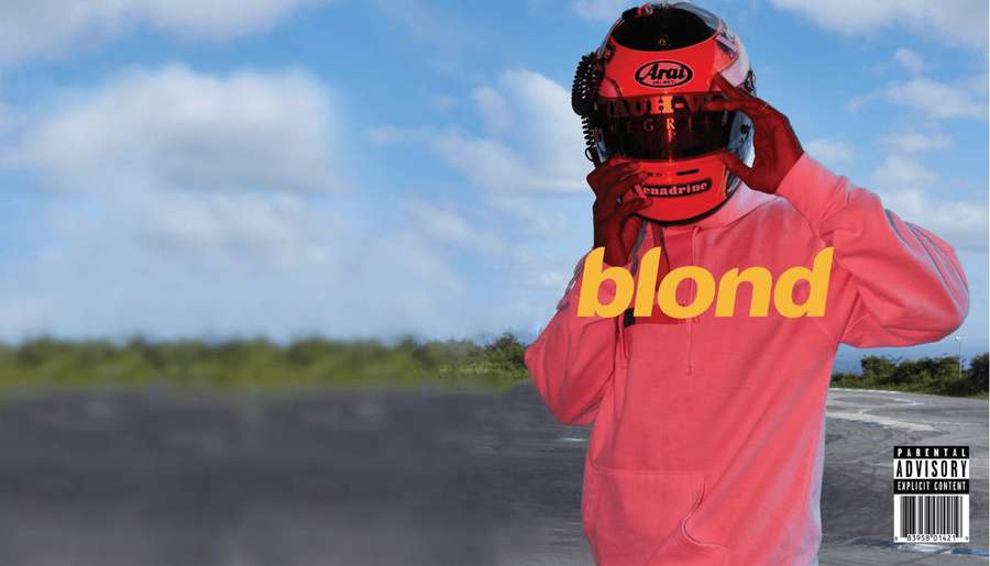 Person in pink hoodie lifting red racing helmet with 'blond' text visible. — Frank Ocean Background
