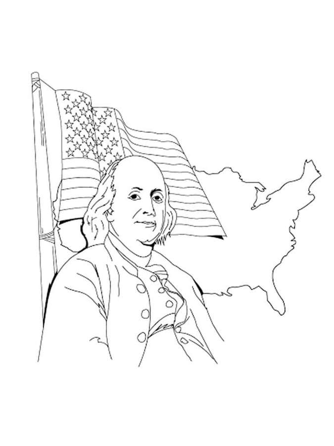 Line art portrait of Benjamin Franklin with American flag and U.S. map outline. — Franklin Wallpaper