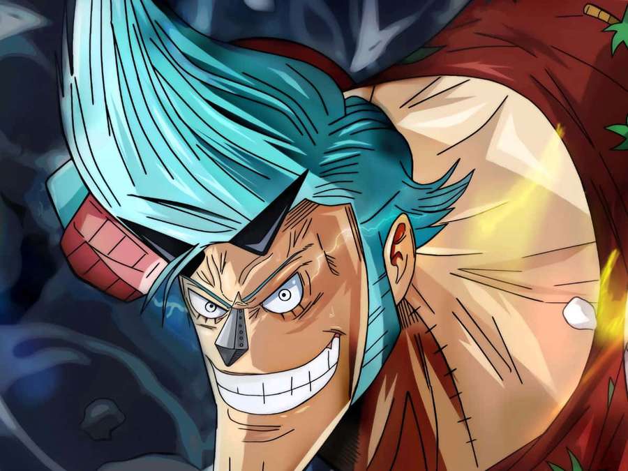 Anime warrior with blue hair and stitched face grins fiercely in stormy battle scene. — Franky Wallpaper