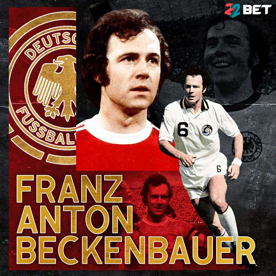 Vintage football poster featuring Franz Beckenbauer with German national team crest and bold gold text. — Franz Beckenbauer Wallpaper