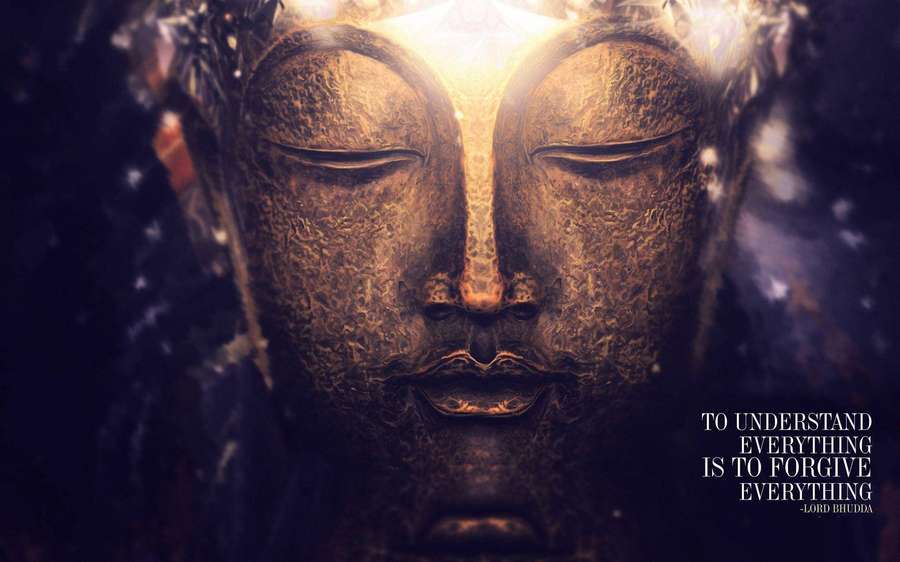 Estatua de Buda dorada con ojos cerrados brillando suavemente en un espacio oscuro y estrellado. — Frases de Buda Fondos de pantalla