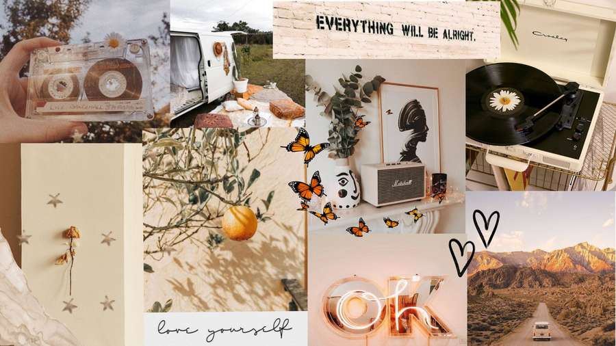 Collage vintage con cinta de casete, furgoneta de camping, carretera en el desierto, letrero de neón y mariposas. — Frases positivas Fondos de pantalla