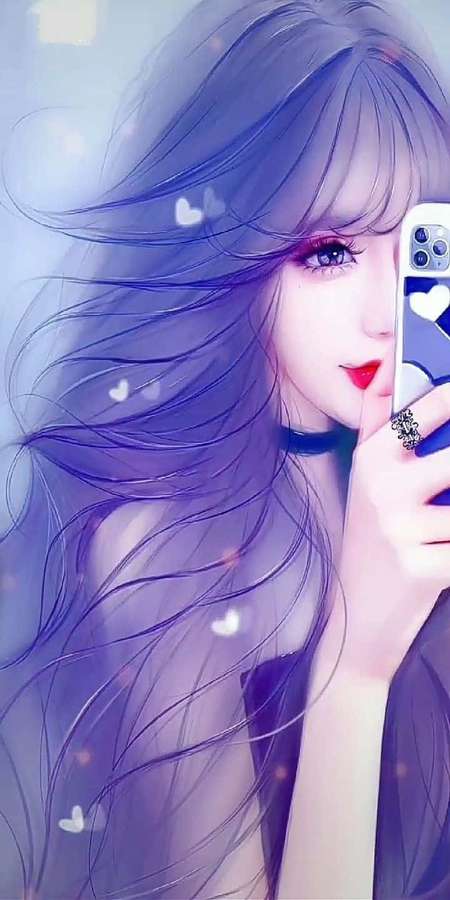 Anime-Mädchen mit lila Haaren macht ein Selfie mit schwebenden Herzen. — Frauen Wallpaper