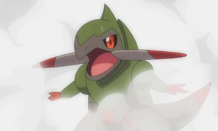 Green anime Pokémon with red eyes and beak roaring in smoke. — Fraxure Wallpaper