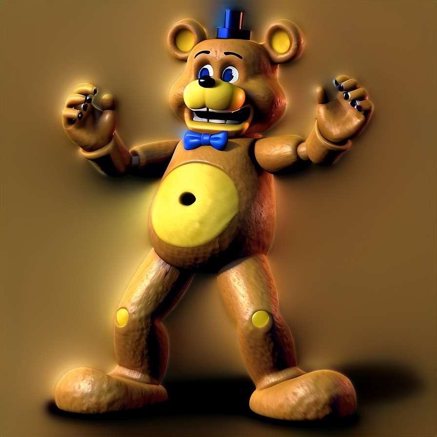 Glowing animatronic bear with blue bowtie and top hat standing with arms outstretched. — Fredbear PNG