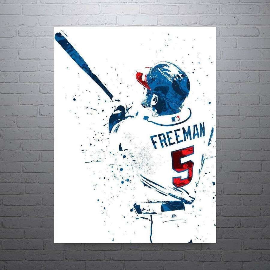 Baseball player Freeman number 5 in watercolor splash style mid-swing. — Freddie Freeman Wallpaper