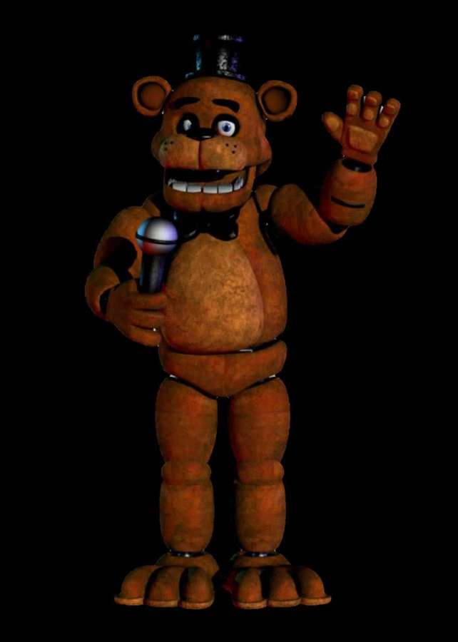 Worn animatronic bear in top hat holding microphone waving — Freddy Fazbear Background