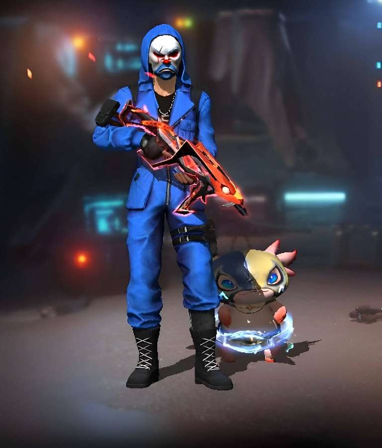 Clown-masked gamer with glowing weapon and small creature in dark sci-fi scene. — Free Fire Characters Background