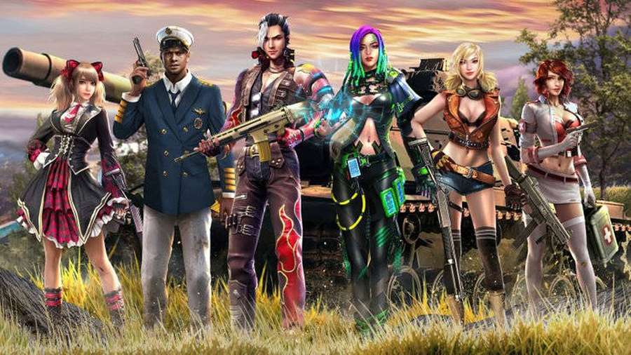 Six anime-style characters in combat gear holding weapons in a grassy field at sunset. — Free Fire Characters Wallpaper