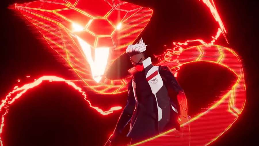 Anime character with white hair facing a glowing red neon snake. — Free Fire Cobra Background