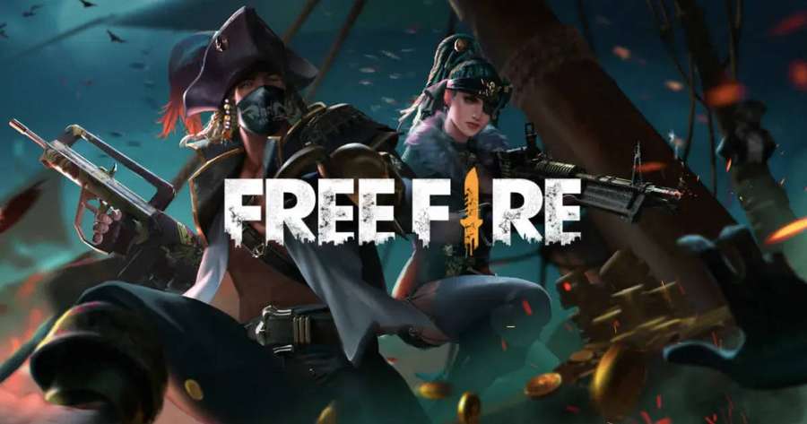 Two masked pirate gamers in combat gear wielding weapons amid fiery explosions. — Free Fire Desktop Wallpaper