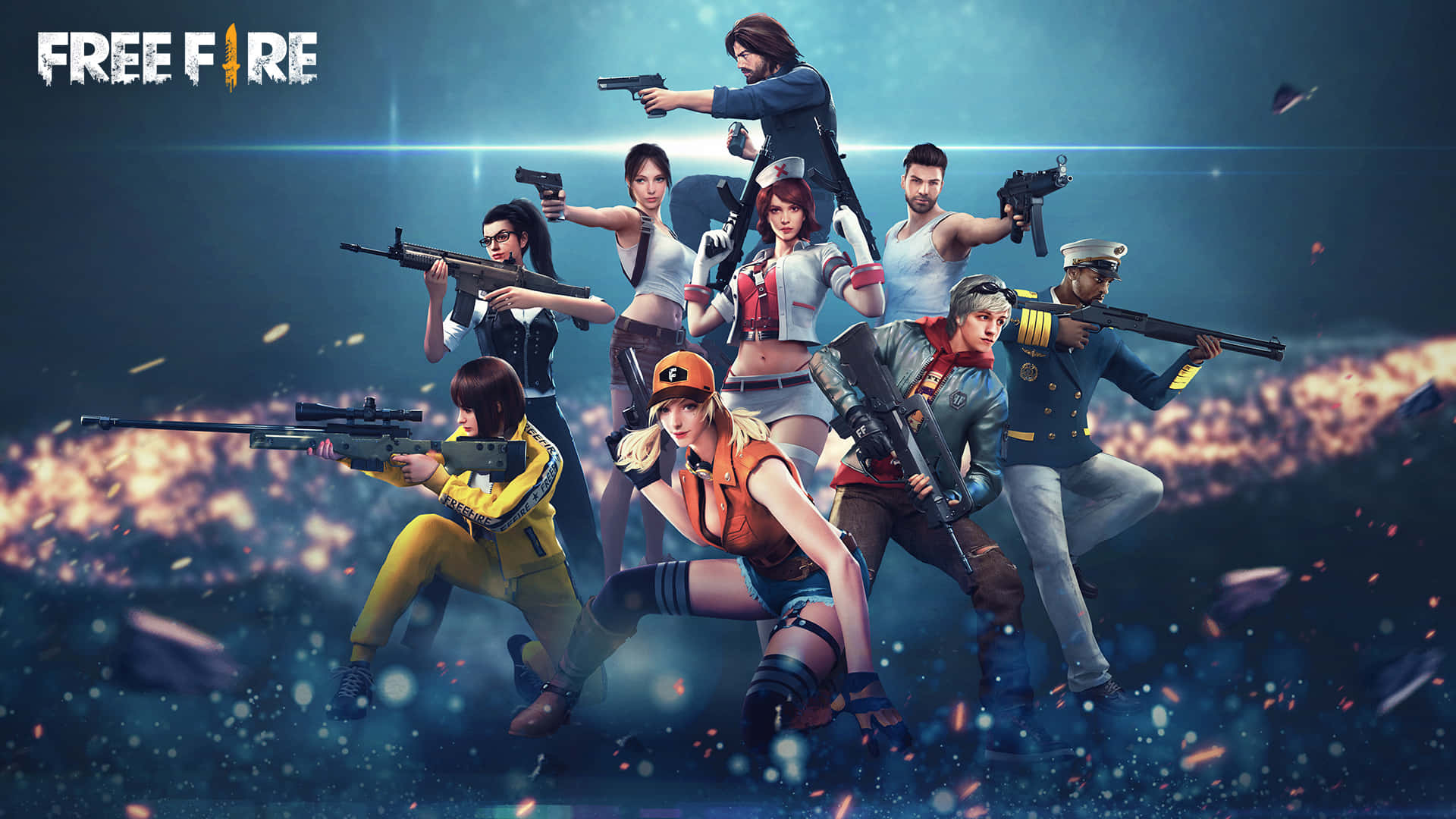 Grupo de personajes del juego Free Fire en posturas de combate con armas en medio de explosiones ardientes. — Free Fire Fondos de pantalla