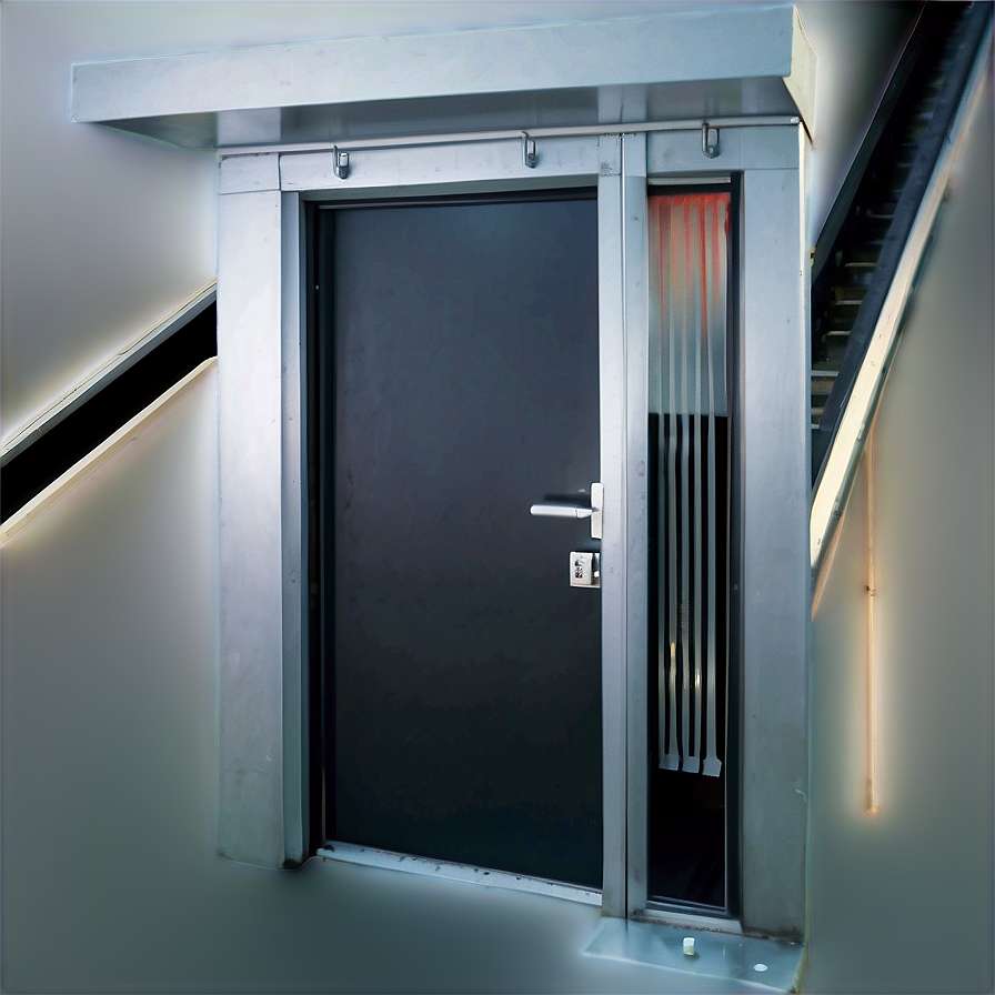 Modern metallic door with frosted glass panel in a narrow stairwell. — Free Fire PNG