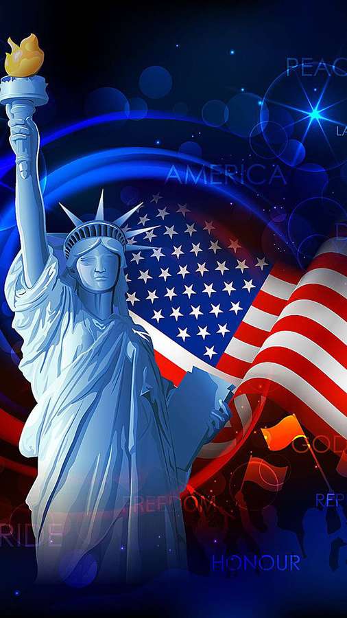 Freiheitsstatue mit amerikanischer Flagge und patriotischen Worten in glühender blauer digitaler Kunst. — Freiheitsstatue Wallpaper
