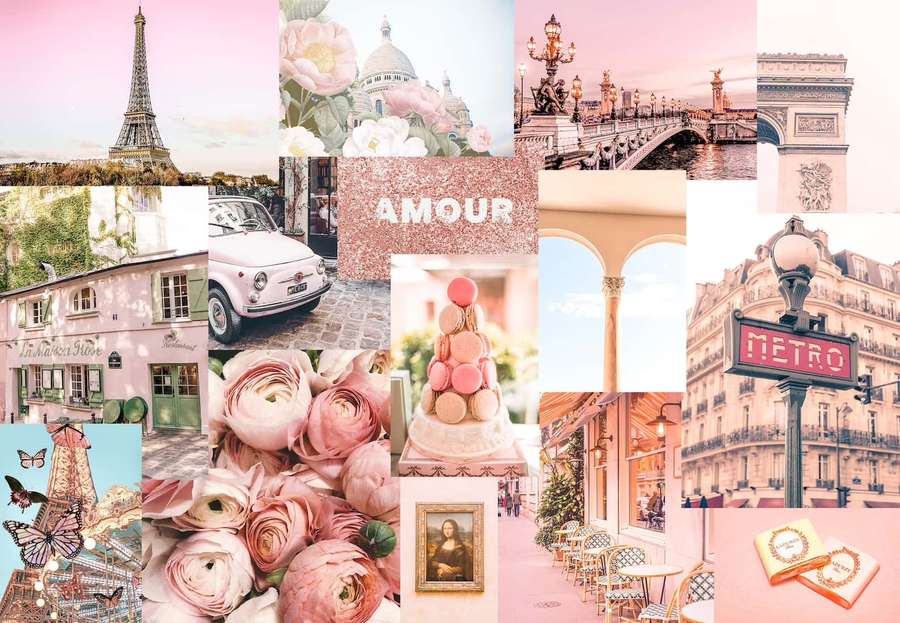 Parisian scenes in pink tones including Eiffel Tower macarons and metro signs. — French Picture