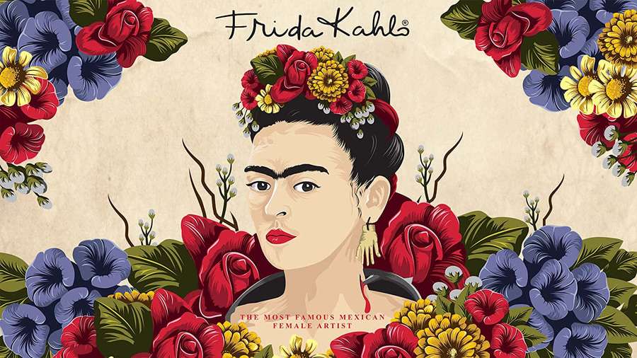 Frida Kahlo surrounded by colorful flowers in a stylized illustration. — Frida Kahlo Wallpaper