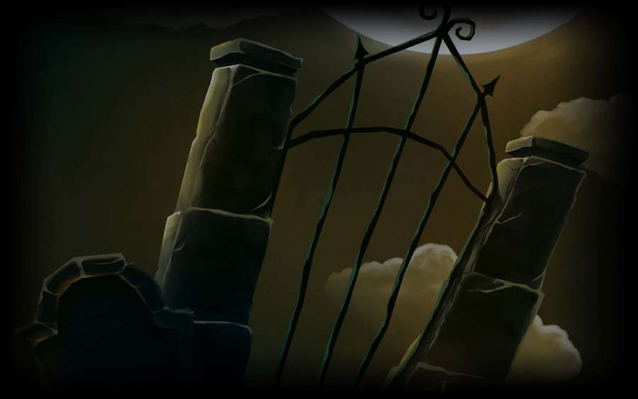 Ein unheimliches Tor zwischen Steinsäulen unter einem Vollmond auf einem nebligen Friedhof. — Friedhof hintergrundbilder Wallpaper