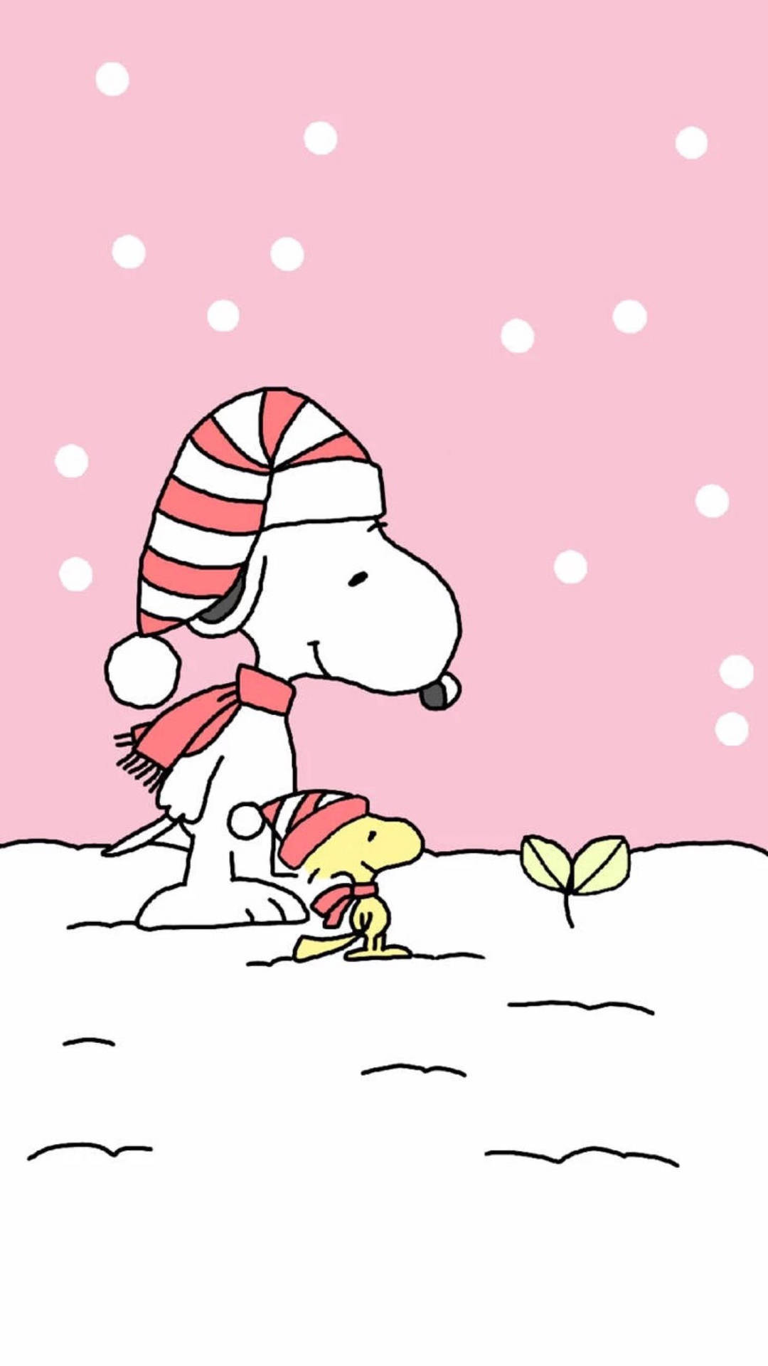 Snoopy och Woodstock i vinterkläder tittar på en grodd i snön. — Vänner bilder Bakgrundsbilder