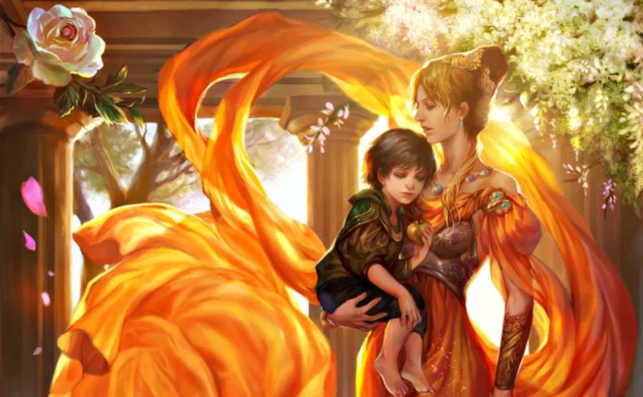 A mother in orange robes holds her child under blooming trees with sunlight filtering through. — Frigga Wallpaper