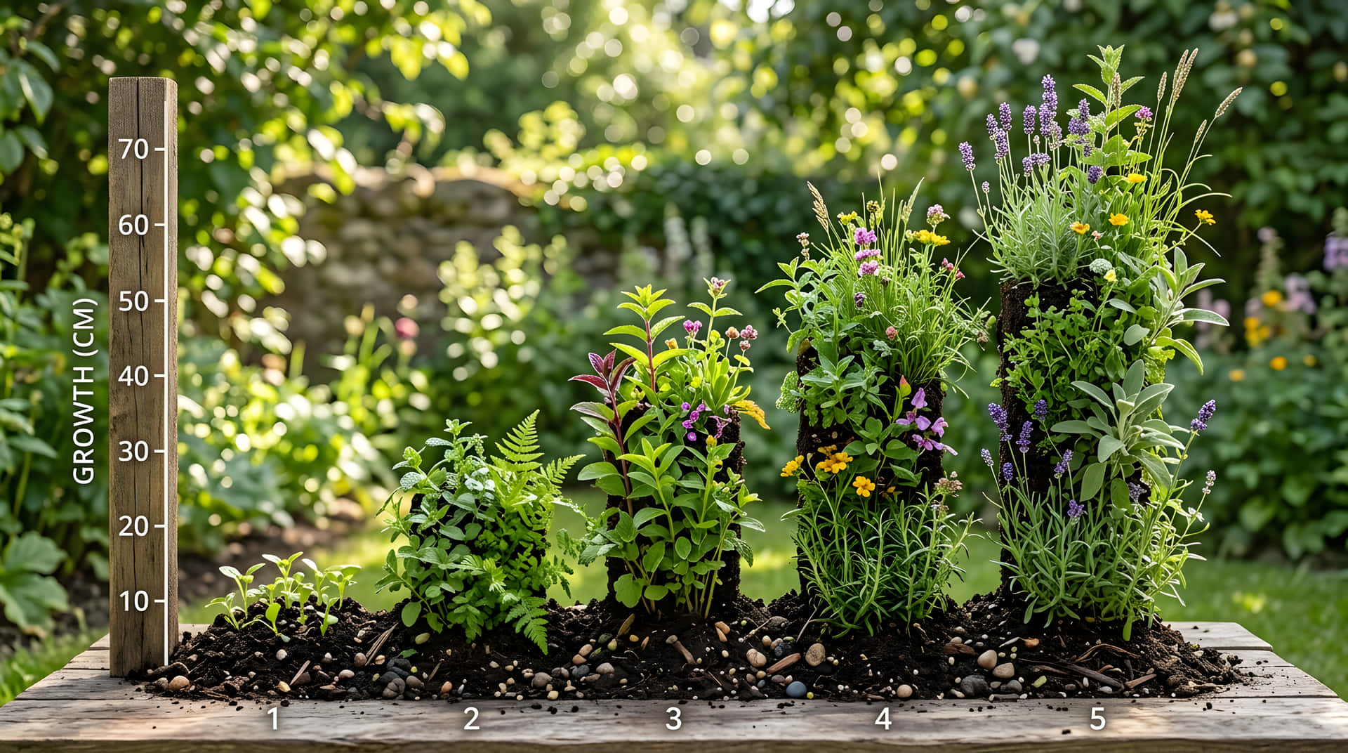 Fem planter i forskjellige vekststadier målt etter høyde på et trebord i en hage. — Frodig Bakgrunner