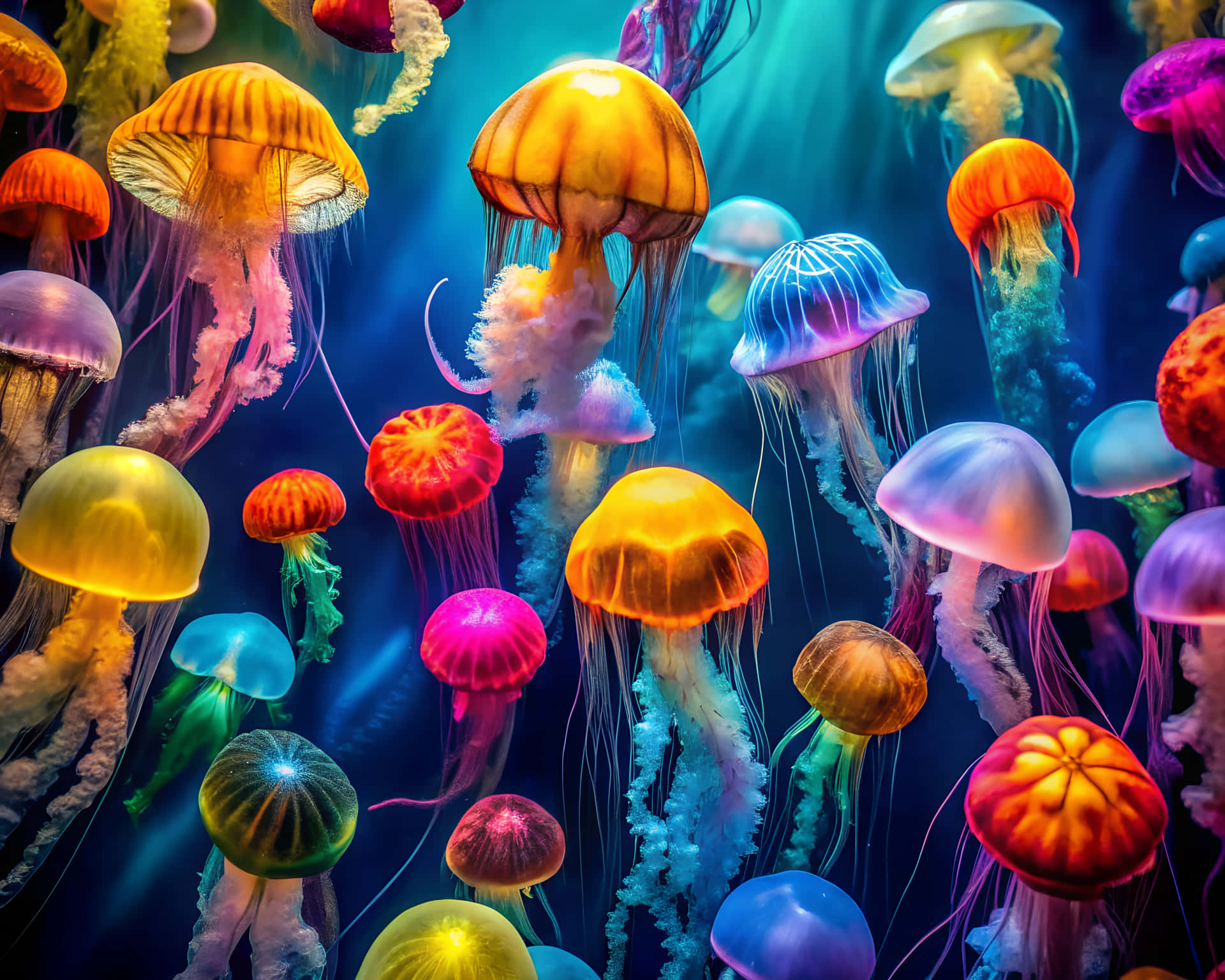 Colorful glowing jellyfish floating in deep blue ocean water. — Frogfish Picture
