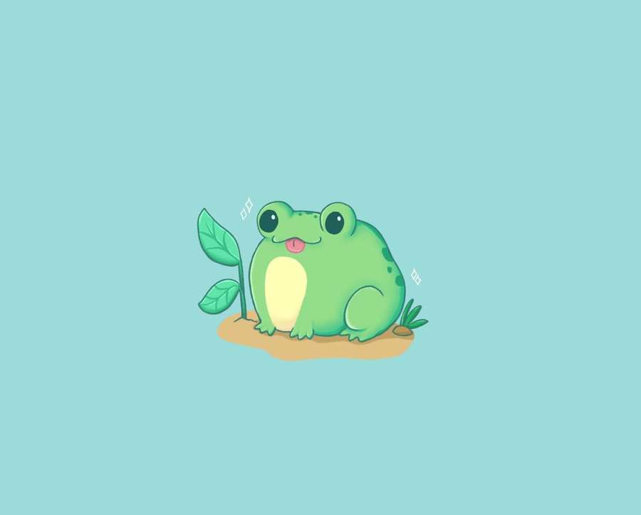 A cheerful green cartoon frog sitting on dirt with a small plant beside it. — Froggy Wallpaper